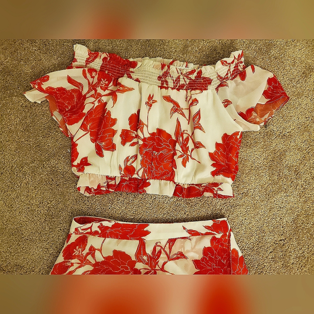 Floral off the shoulder crop top with matching skirt